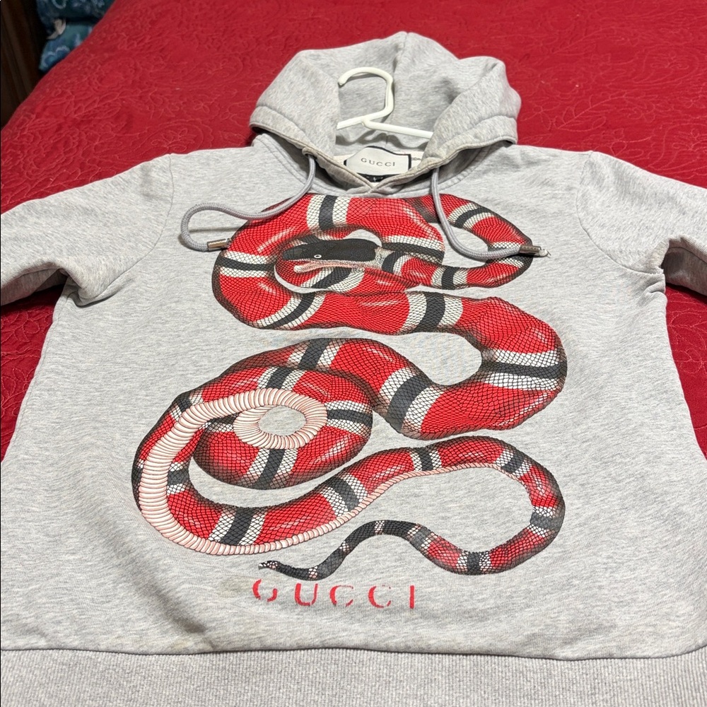 GUCCI PreOwned Gray Red Snake Hoodie & Some staining on collar & front Sz Large - Picture 1 of 16